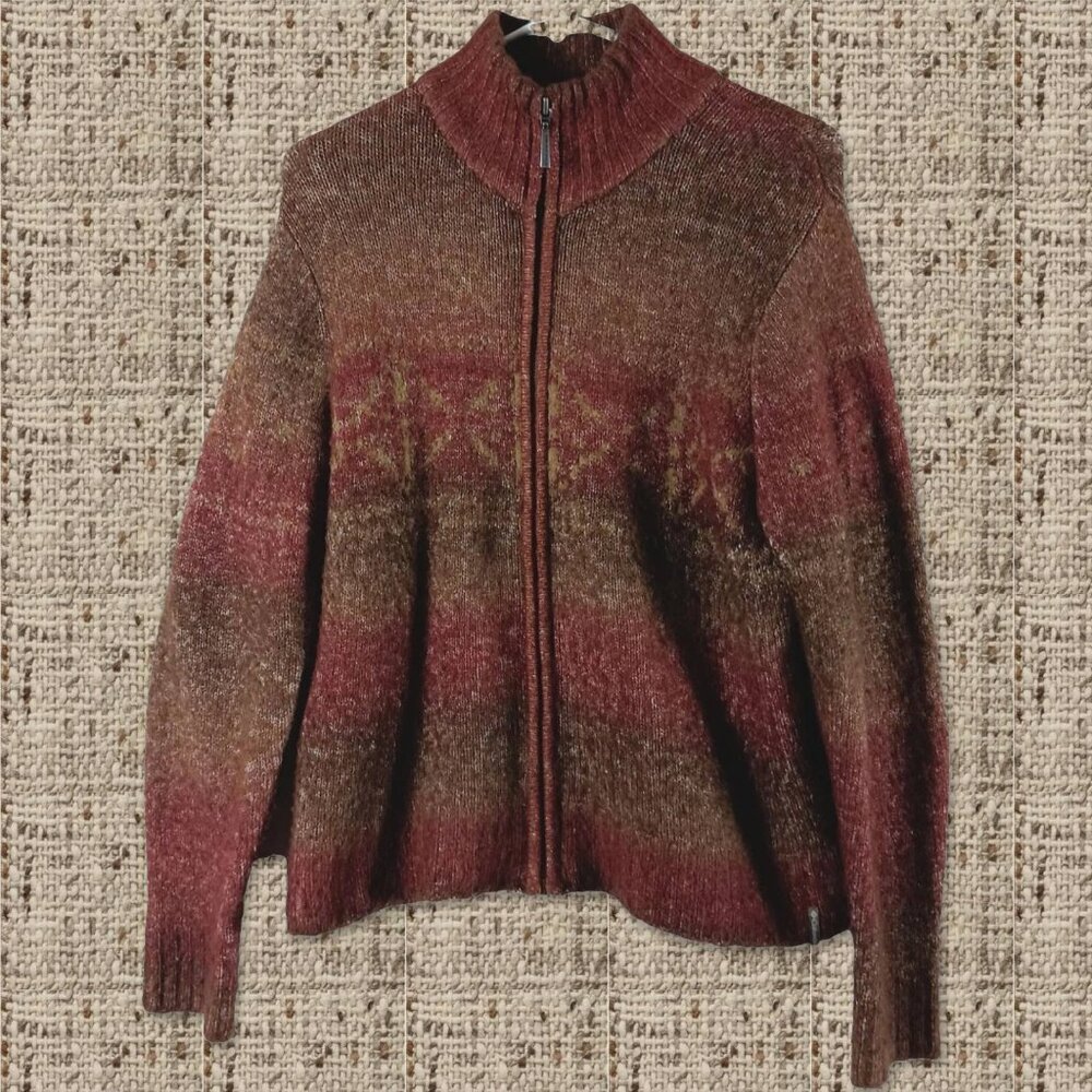 Columbia XCO Sweater Wool Blend Full Zip Womens L Brown Fair Isle Gorpcore